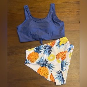 SHEIN Pineapple Print Knot Hem Ruched Bikini Swimsuit XL